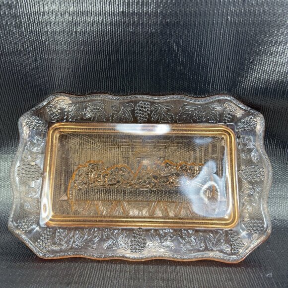 Vintage Tiara Indiana Glass Plate Tray Orange Pink The Last Supper Glass Dish - Picture 1 of 12
